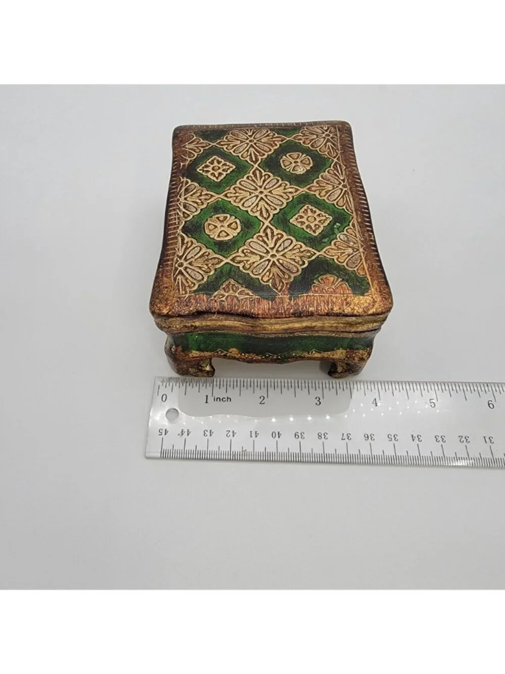 Vintage Italian Florentine Gilded Gesso Trinket Box Green & Gold
